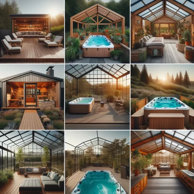 A collage of six images showcasing hot tub greenhouses in modern, stylish enclosed with comfortable seating and lush greenery, bathed in the warm glow of sunset.