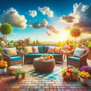 A vibrant outdoor seating area with a sofa, chairs, and a table adorned with colorful cushions and flowers, set against a backdrop of a beautiful sunset and fluffy clouds.