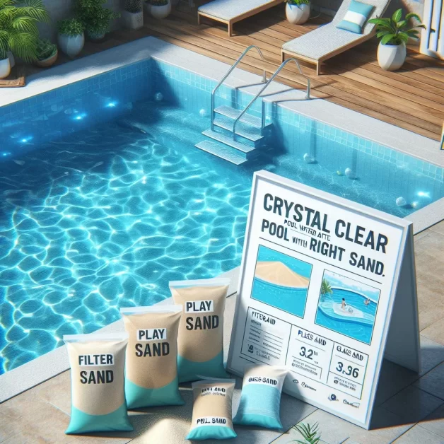 A crystal clear swimming pool, bags labeled "Pool Sand Types," and an informational poster about achieving clear pool water with suitable sand.