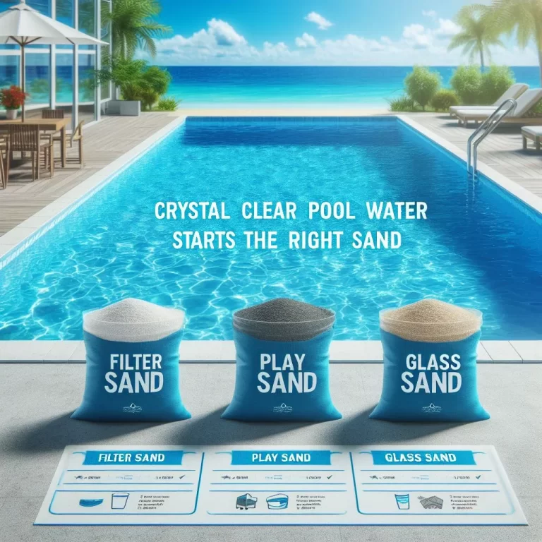 An image showcasing three pool sans types in blue bags beside a crystal clear swimming pool with the ocean in the background. The text emphasizes the importance of choosing suitable sand for clear pool water.