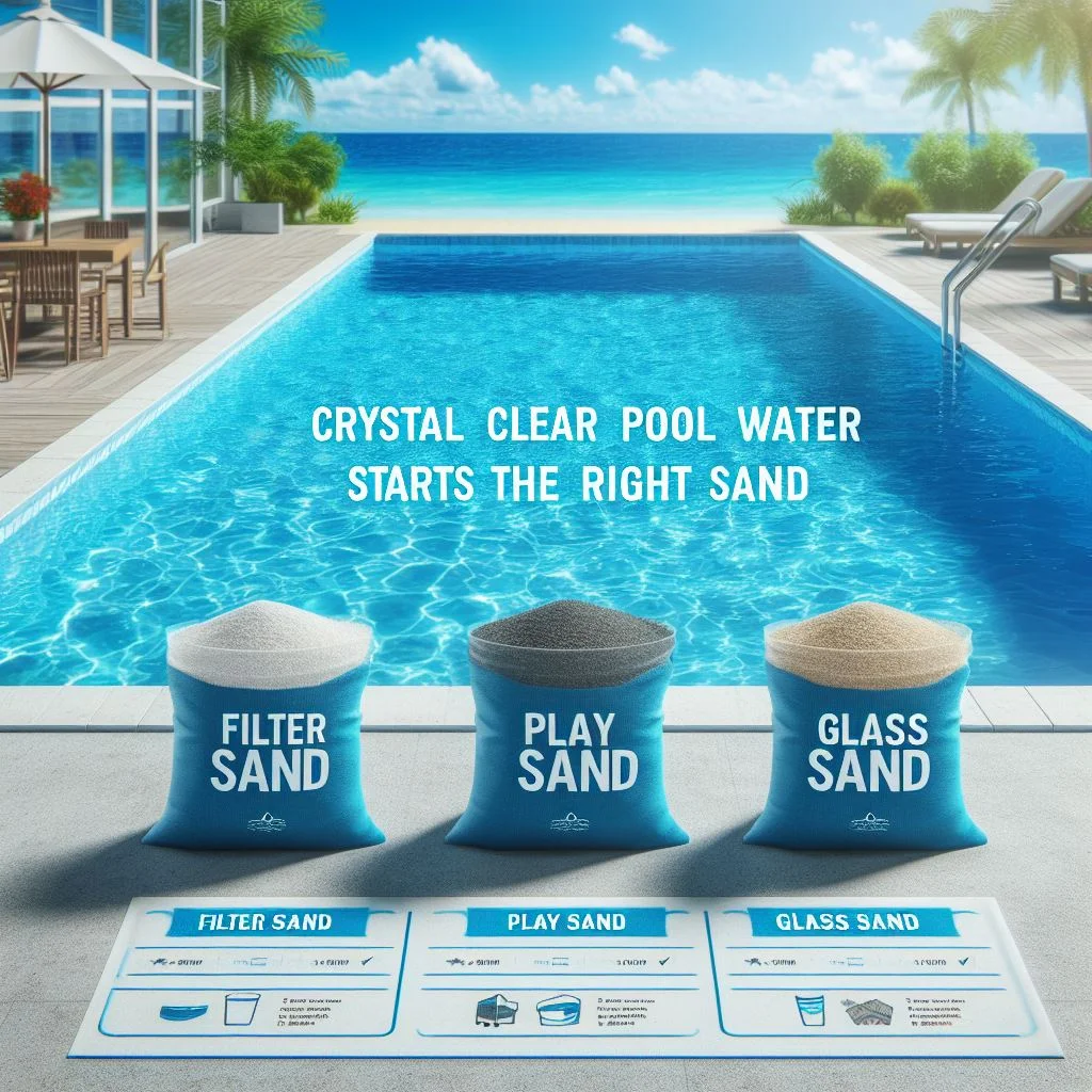 An image showcasing three pool sans types in blue bags beside a crystal clear swimming pool with the ocean in the background. The text emphasizes the importance of choosing suitable sand for clear pool water.