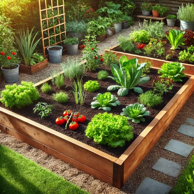 a raised garden bed, showcasing a neatly arranged, productive garden space.