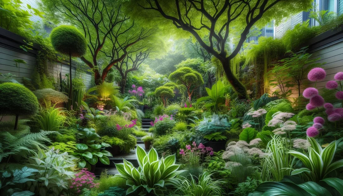 A beautiful shade garden with a variety of plants and flowers. The garden is filled with lush greenery and colorful flowers that thrive in the shade.