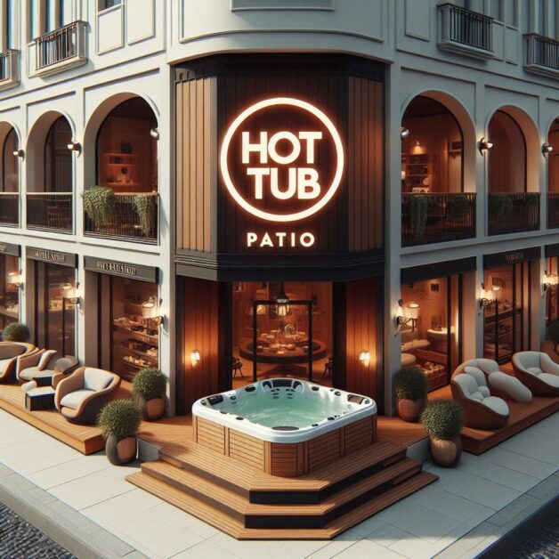 hot tub patio shop outside view with place a hot tub front of main door and a logo.