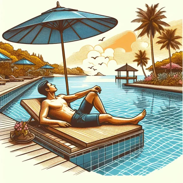 A person relaxing on a lounge chair by a serene pool, surrounded by tropical scenery including palm trees and a gazebo.