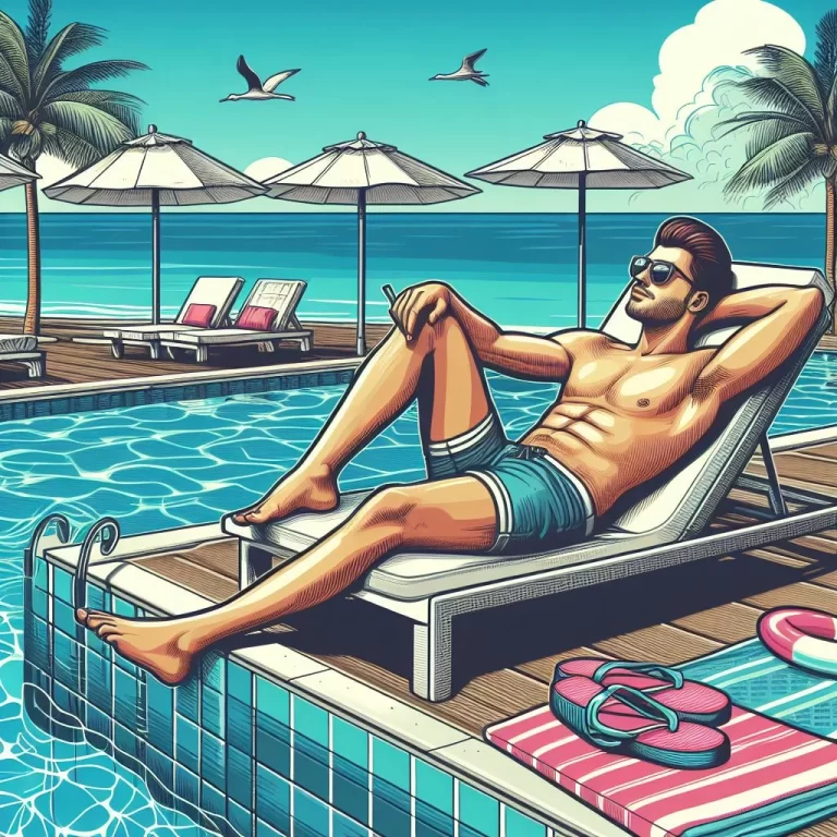 A person relaxing on a lounge chair by a pool, surrounded by palm trees and beach umbrellas, with birds flying in the sky.