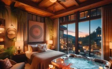 A luxurious room in a hotel with hot tub in room Greenville SC, featuring a cozy bed, elegant decor, and a stunning view of the sunset through large windows.