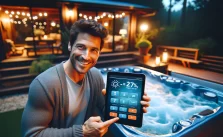 A feature image of a man outside near his hot tub during the evening. He is holding a digital tablet displaying a calculator application with graphics