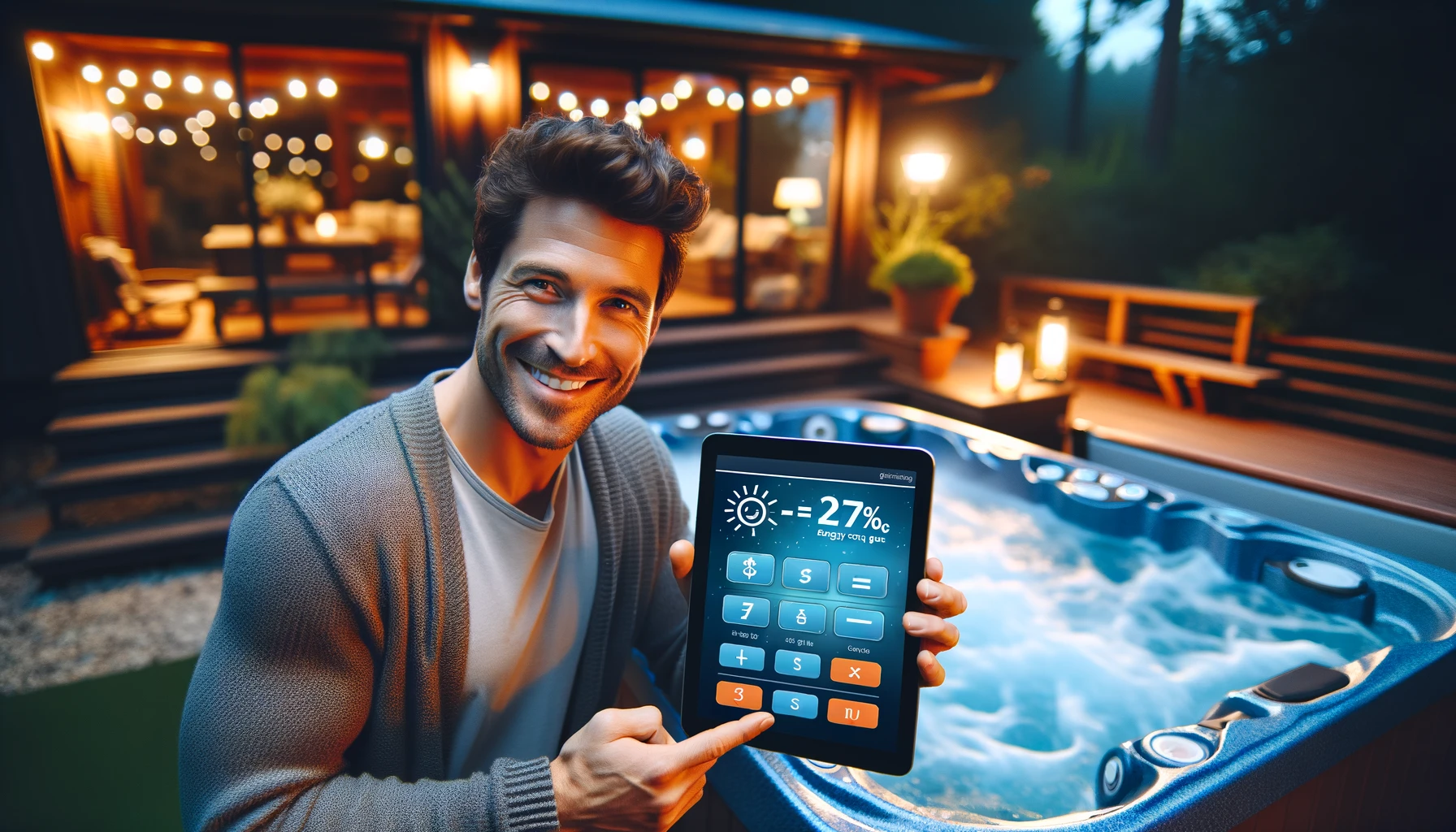 A feature image of a man outside near his hot tub during the evening. He is holding a digital tablet displaying a calculator application with graphics