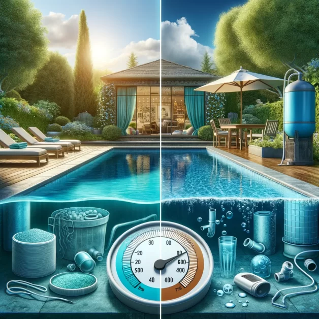 the image illustrating the significance of maintaining proper calcium hardness levels in a pool or hot tub, showcasing the ideal condition versus the effects of imbalanced calcium levels.