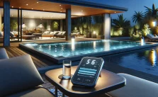 a modern hot tub spa with a calcium hardness calculator, designed to illustrate the blend of luxury, relaxation, and advanced water maintenance technology.