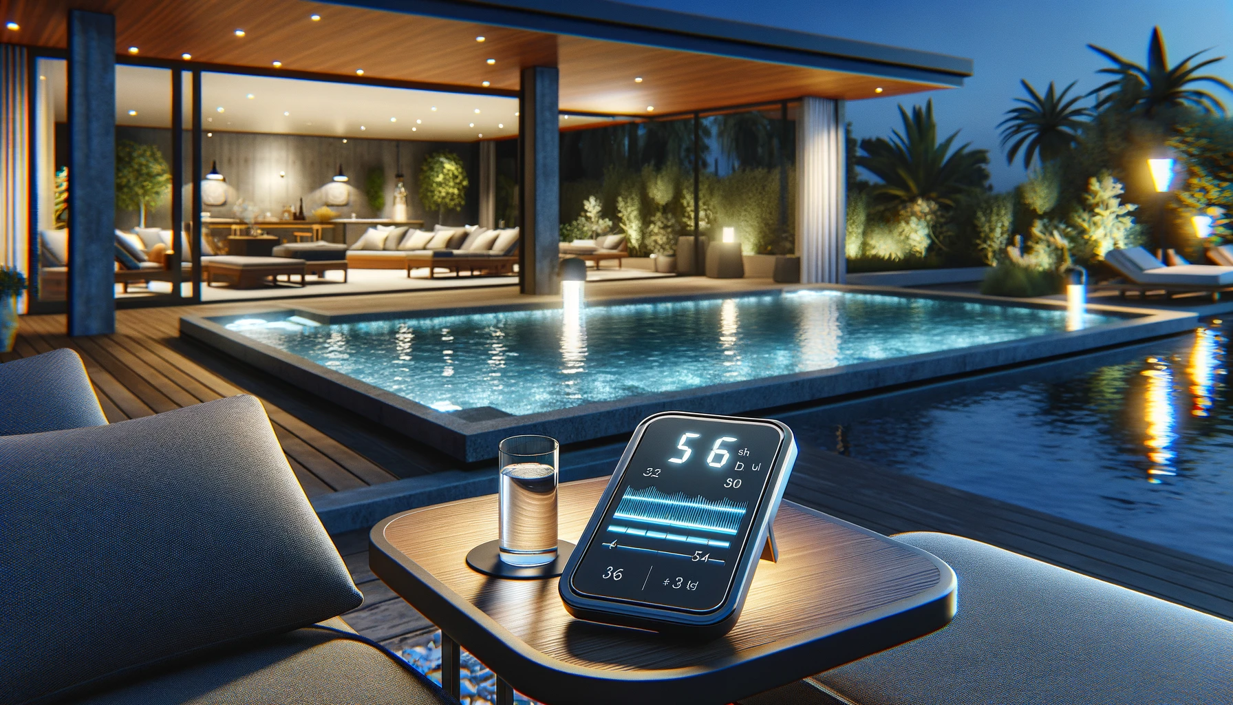 a modern hot tub spa with a calcium hardness calculator, designed to illustrate the blend of luxury, relaxation, and advanced water maintenance technology.