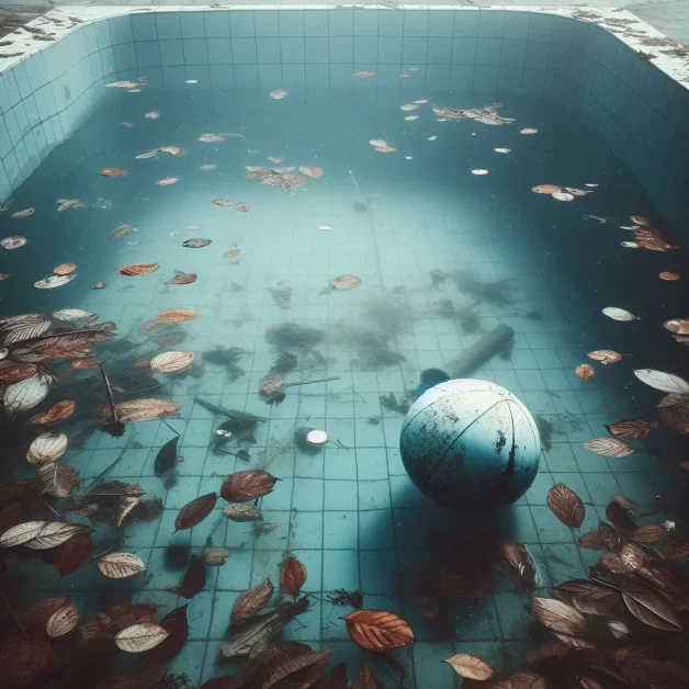 A blue ball floats amidst fallen leaves in a cloudy swimming pool.