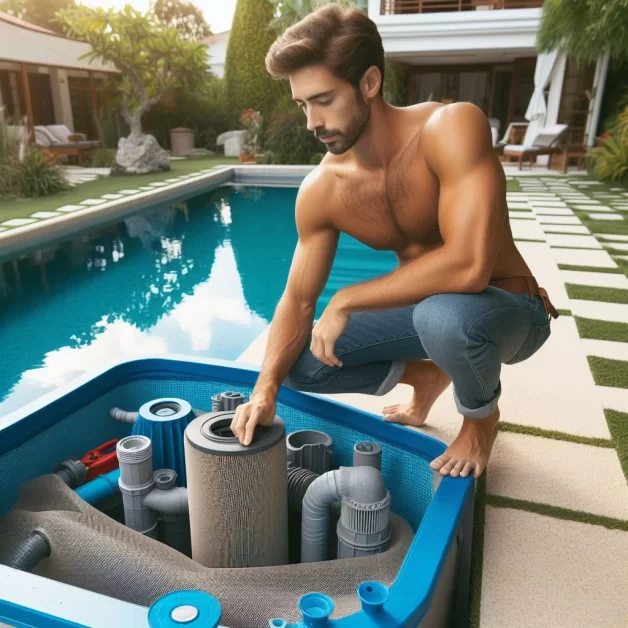 A person is inspecting or fixing the internal components of a pool’s filtration system, located beside a swimming pool.