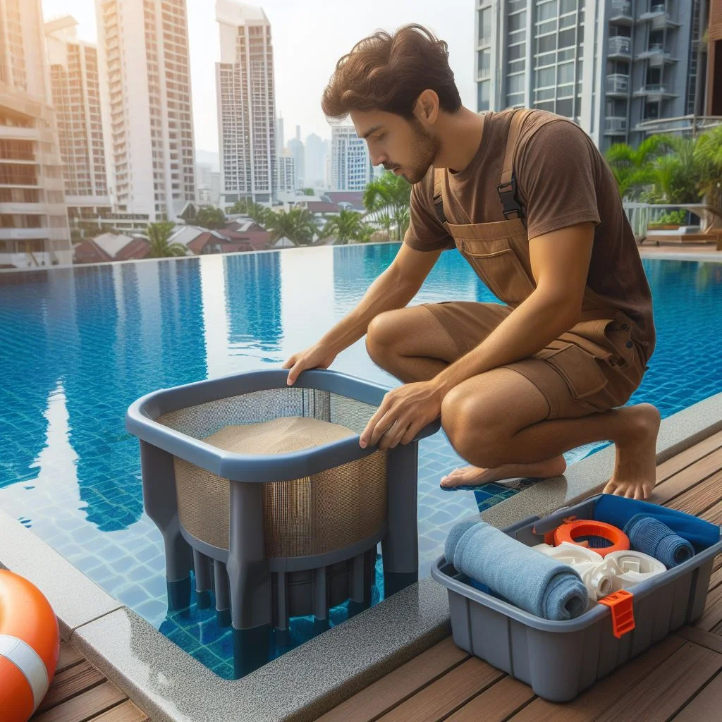 a man maintance the swimming pool for sand filter.