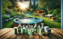 a wide-angle image that captures the essence of eco-friendly chemical alternatives for hot tub care, set in a serene backyard.