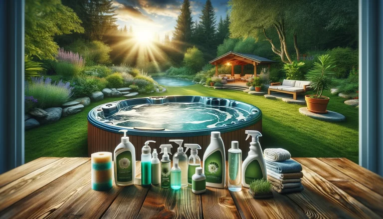 a wide-angle image that captures the essence of eco-friendly chemical alternatives for hot tub care, set in a serene backyard.