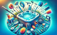 A colorful image featuring essential hot tub cleaning tools laid out neatly, emphasizing the importance of maintaining hot tub cleanliness and hygiene.