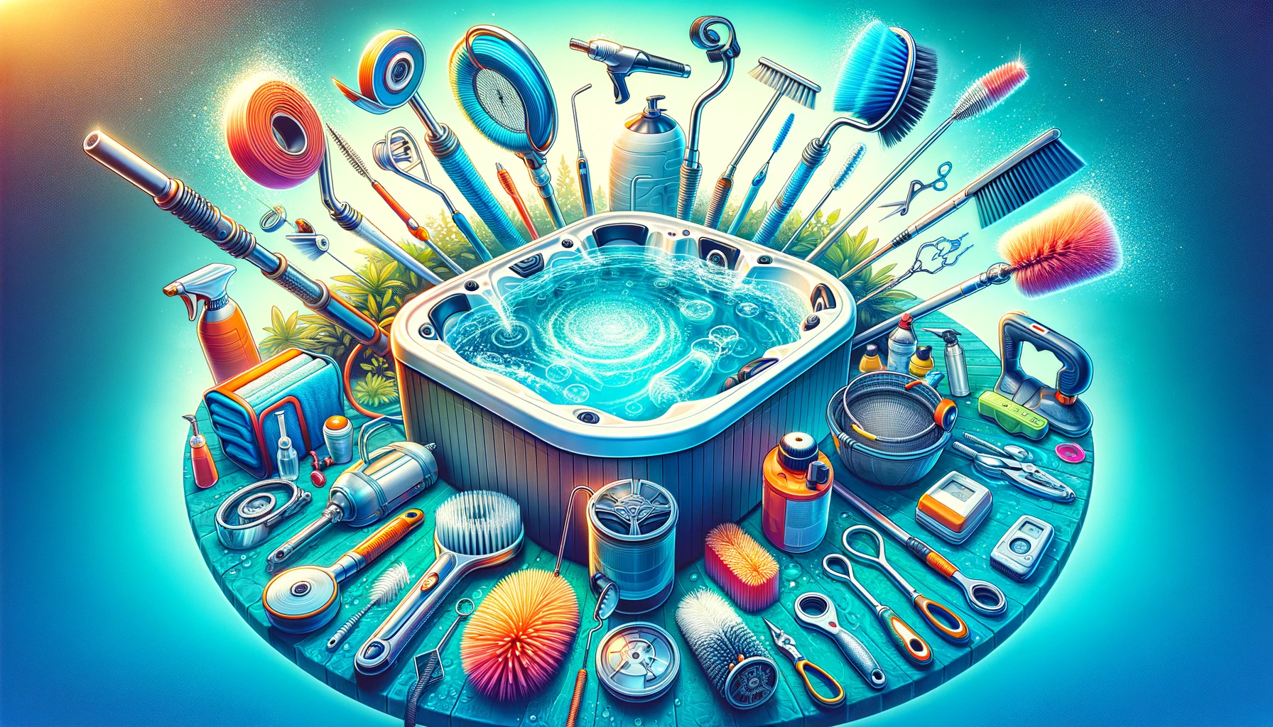 A colorful image featuring essential hot tub cleaning tools laid out neatly, emphasizing the importance of maintaining hot tub cleanliness and hygiene.