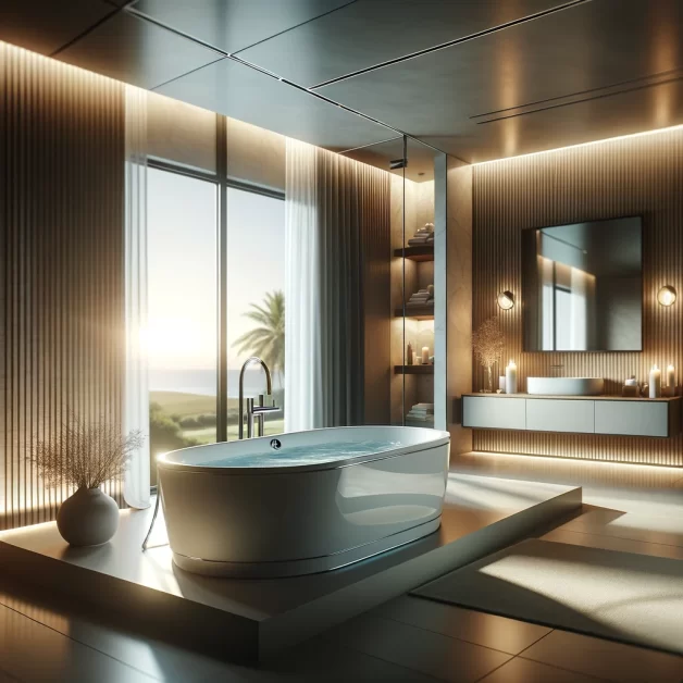 A luxurious modern bathroom featuring a sleek freestanding whirlpool tub, set in a spacious setting with soft lighting and elegant decor elements.