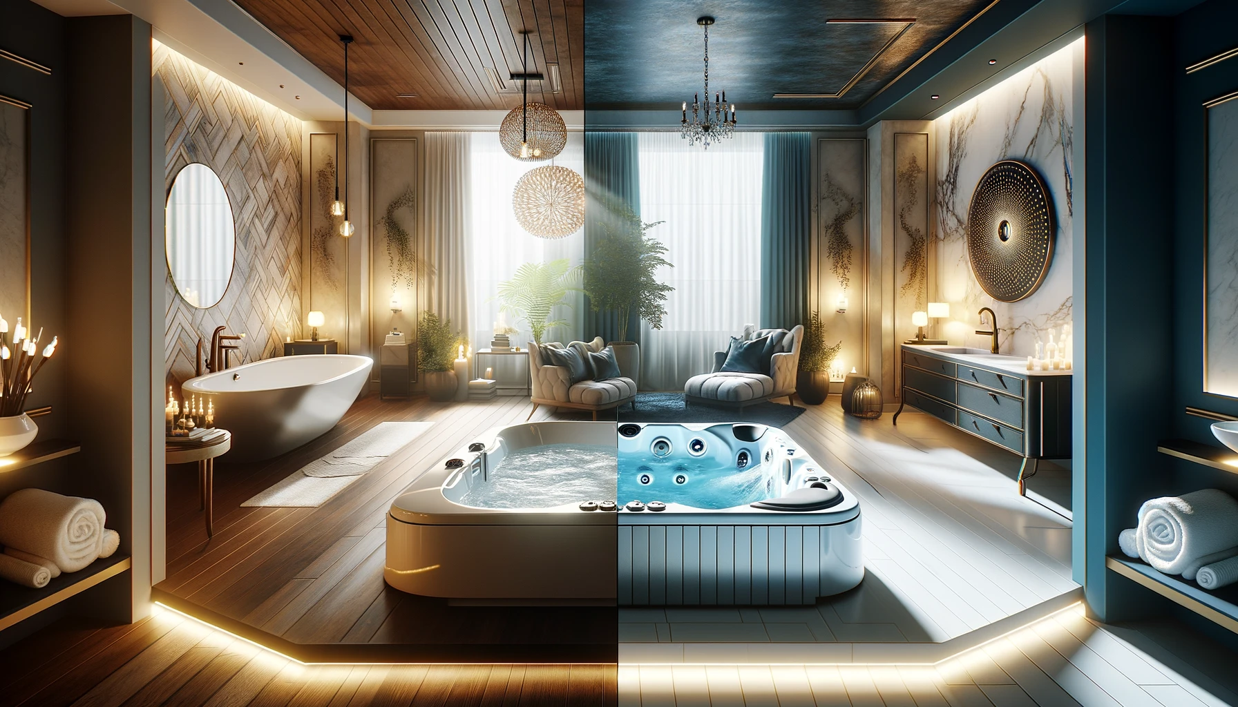 a side-by-side comparison of a freestanding whirlpool tub and a Jacuzzi tub, set in two distinct luxurious bathroom environments.