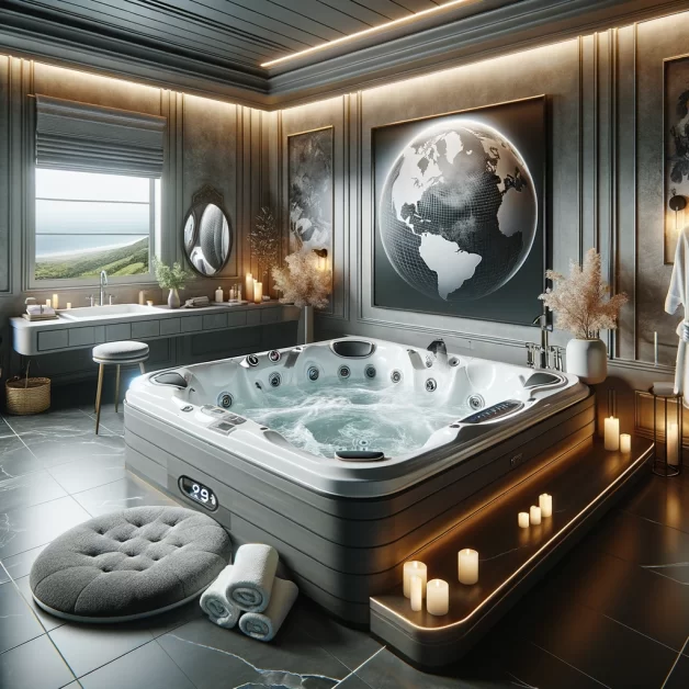 A high-end bathroom setting showcasing a Jacuzzi brand tub with built-in features, advanced hydrotherapy jets visible, and luxurious decor elements.