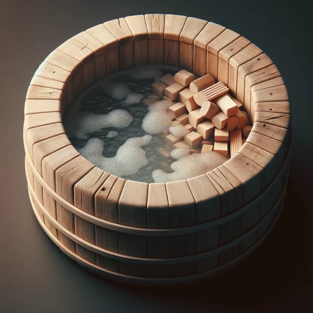 Old Hot Tub Design: This image represents a simple, wooden round hot tub reminiscent of early hot tub designs, highlighting its rustic setting and manual operation features.