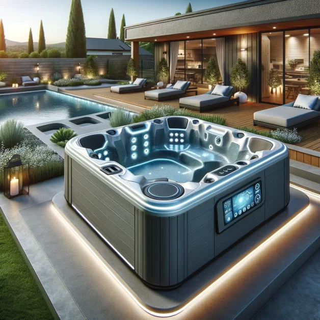 Modern Hot Tub Design: This image showcases a sleek, modern hot tub with built-in LED lighting, ergonomic seating, and a touchscreen control panel, set in a contemporary backyard.