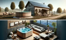 The collage has been regenerated in a wide angle format, visually narrating the evolution of hot tub technology from traditional designs to modern eco-friendly models.