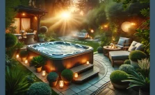 Luxurious backyard hot tub setting at golden hour, surrounded by lush greenery and comfortable outdoor furniture, with a warm, inviting glow.