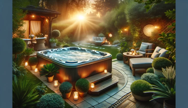 Luxurious backyard hot tub setting at golden hour, surrounded by lush greenery and comfortable outdoor furniture, with a warm, inviting glow.