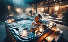 a man relaxing in a hot tub and enjoying music through headphones in a serene evening setting.