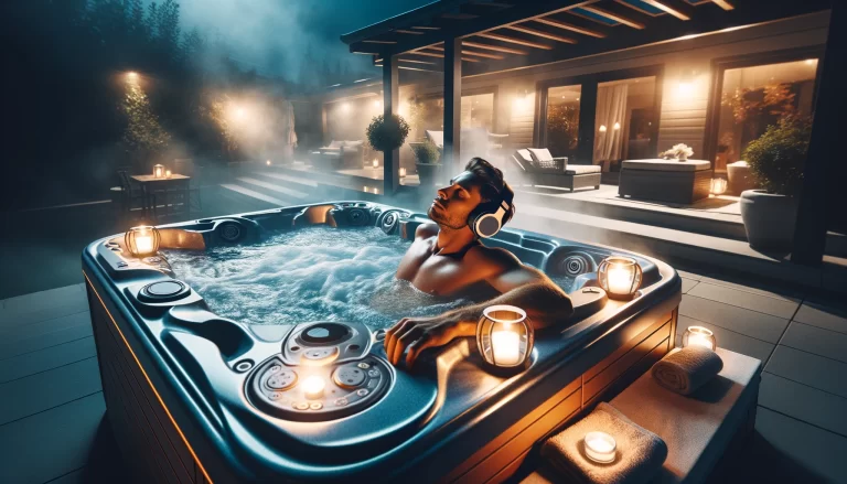 a man relaxing in a hot tub and enjoying music through headphones in a serene evening setting.