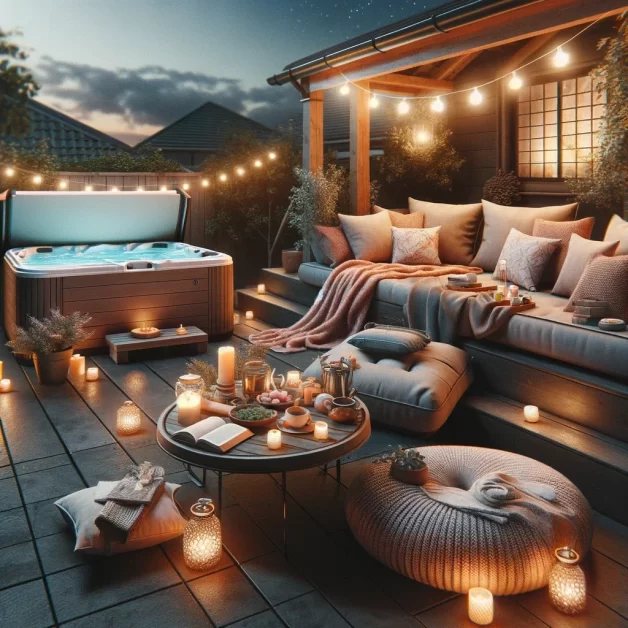 A well decorated hot tub with lights and candles using sitting area for hot tub on period.