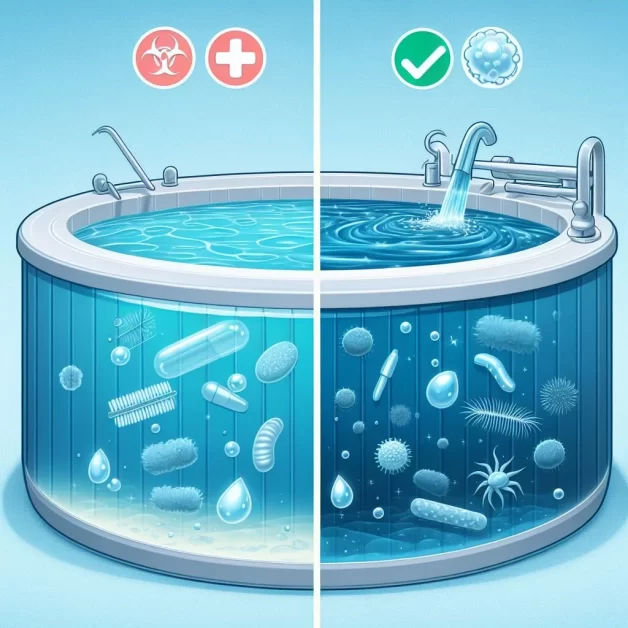 a split view comparing clean hot tub water with clear, healthy properties on one side and contaminated hot tub water with bacteria, body oils, and makeup visible at a microscopic level on the other.