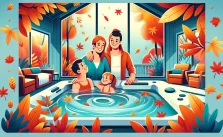 a family enjoying a clean, sparkling hot tub surrounded by autumn leaves. This image beautifully emphasizes the joy of seasonal hot tub use and the importance of maintenance during the autumn.