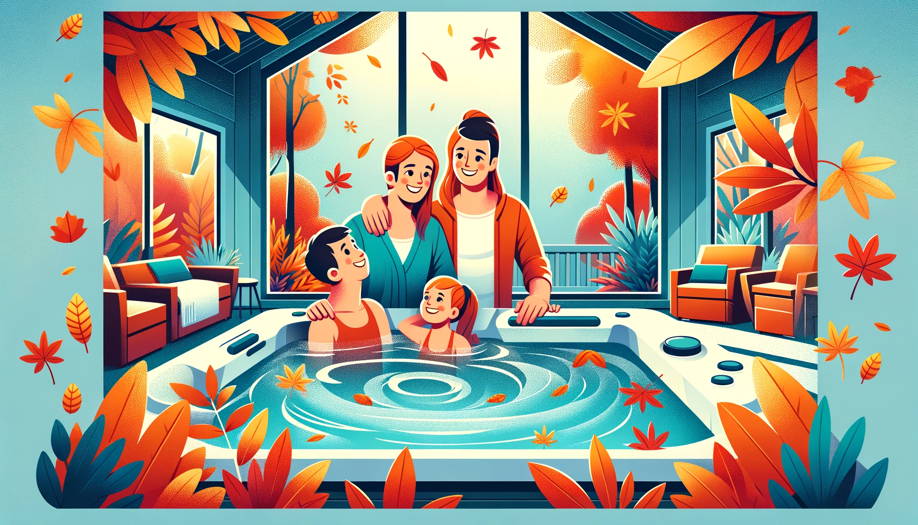 a family enjoying a clean, sparkling hot tub surrounded by autumn leaves. This image beautifully emphasizes the joy of seasonal hot tub use and the importance of maintenance during the autumn.