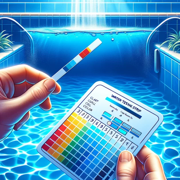  a digital illustration featuring a hand holding a water testing strip in a hot tub. 