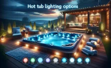 The image should showcase an inviting outdoor hot tub scene at dusk, highlighting.