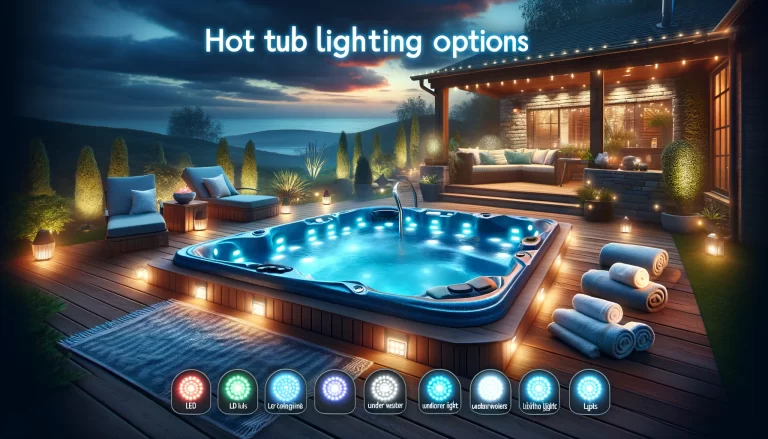 The image should showcase an inviting outdoor hot tub scene at dusk, highlighting.