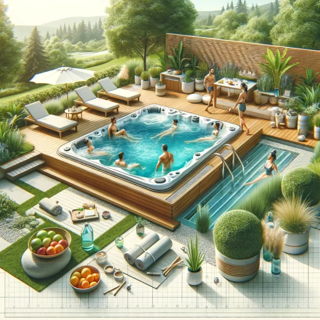 showcases a health-conscious demographic enjoying a hot tub, set in a serene outdoor environment that emphasizes wellness and a healthy lifestyle.