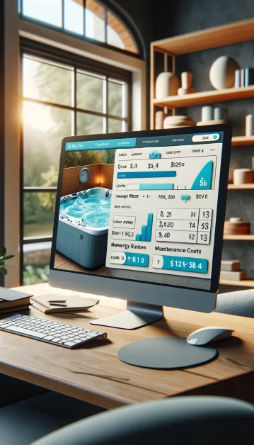 A detailed view of a “Hot Tub Running Cost Calculator” displayed on a computer monitor, providing various metrics including energy rates and maintenance costs to estimate the total cost of operating a hot tub.