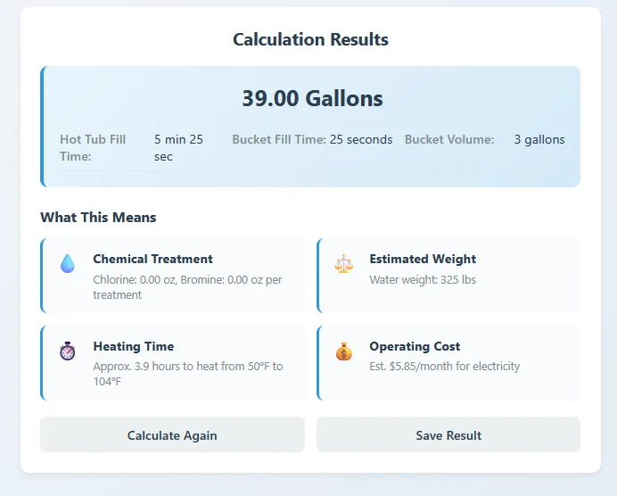 Hot Tub Volume Calculator: Find Your Exact Gallon Size Fast 2 Result interface of Hot Tub Volume Calculator app.