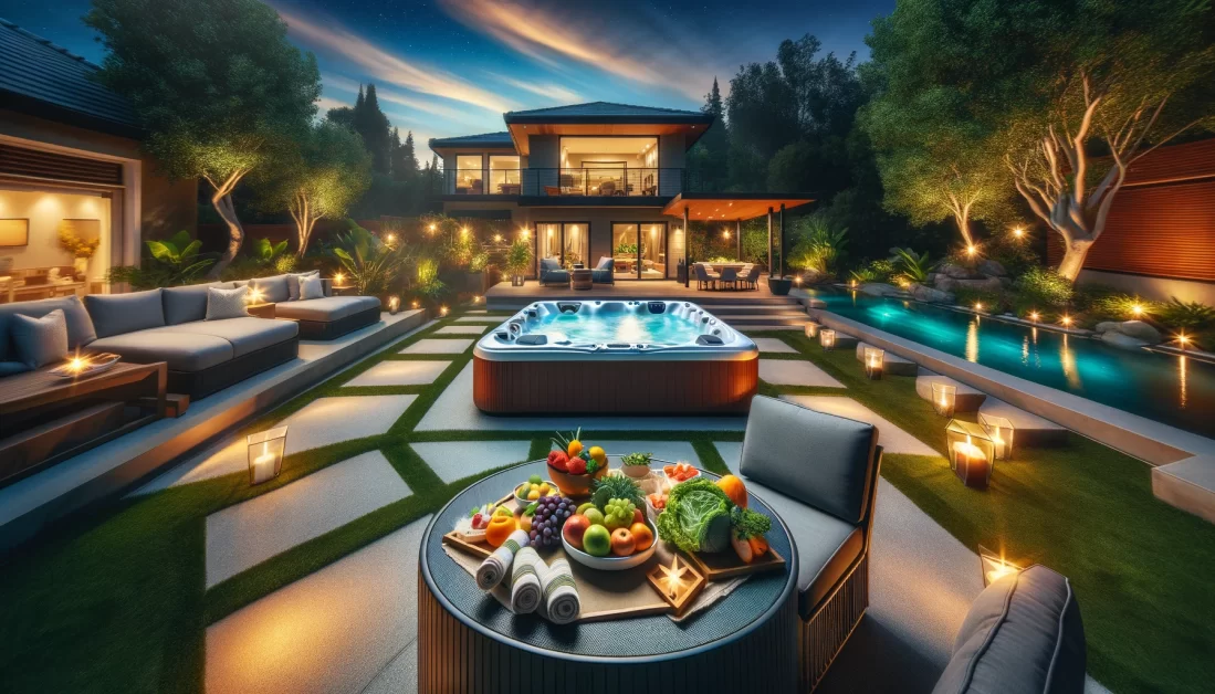 Serene evening scene in a luxurious backyard with a modern hot tub, healthy food on display, and a relaxing atmosphere.