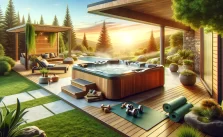 A wide-angle view of a hot tub in a tranquil garden at sunset, complete with fitness gear.