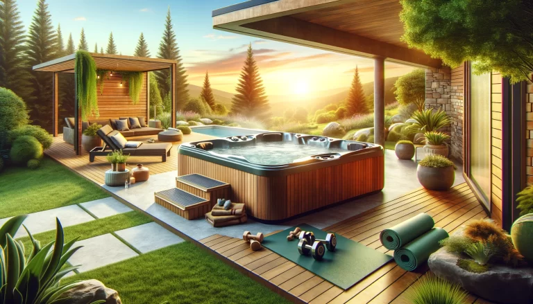 A wide-angle view of a hot tub in a tranquil garden at sunset, complete with fitness gear.