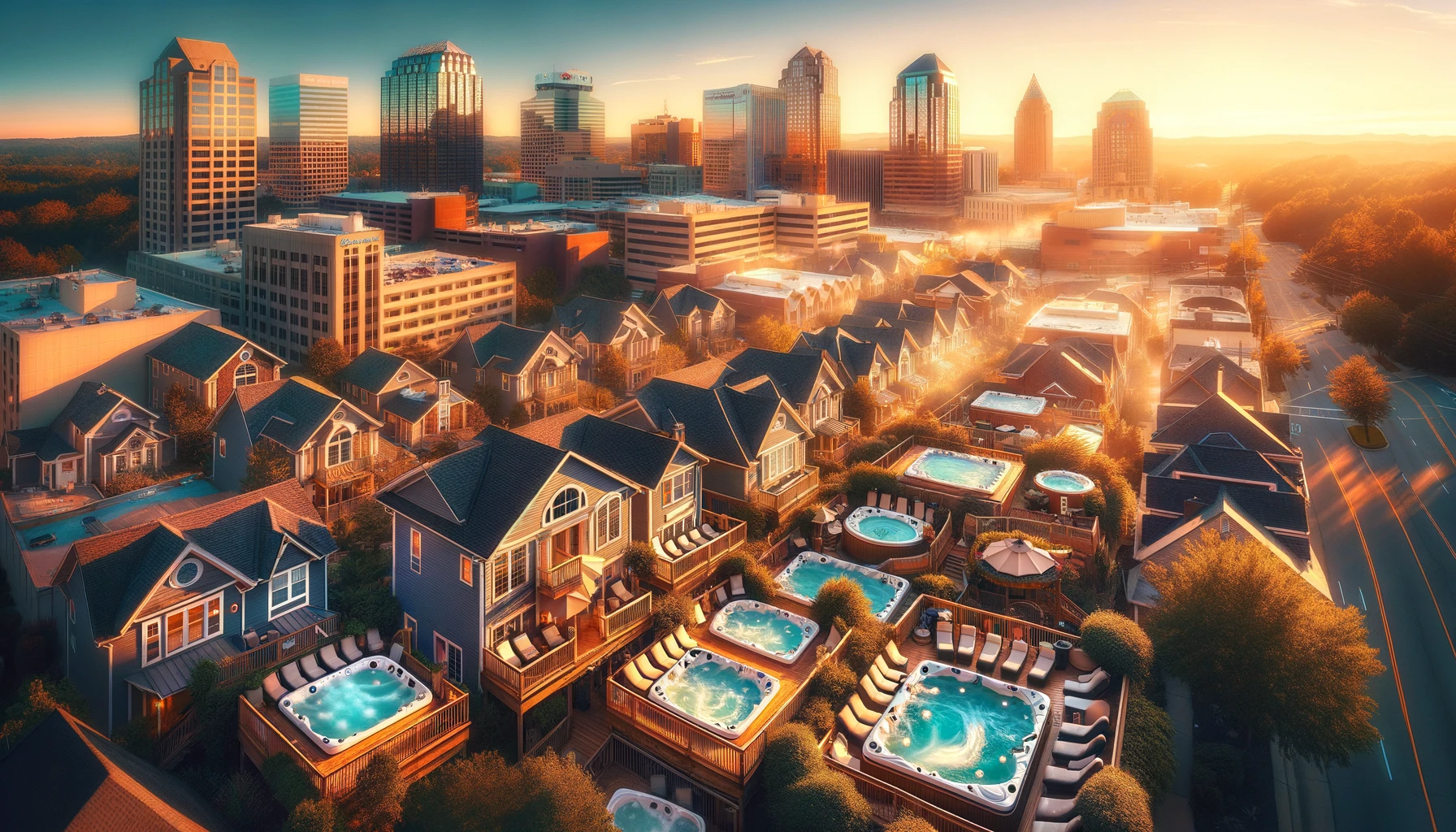 a panoramic view of Greensboro, NC, and its range of luxury hotels with in-room hot tubs. This visual captures the city's diverse accommodations set against the inviting backdrop of its skyline and natural beauty, highlighted by the golden hour's warm glow.