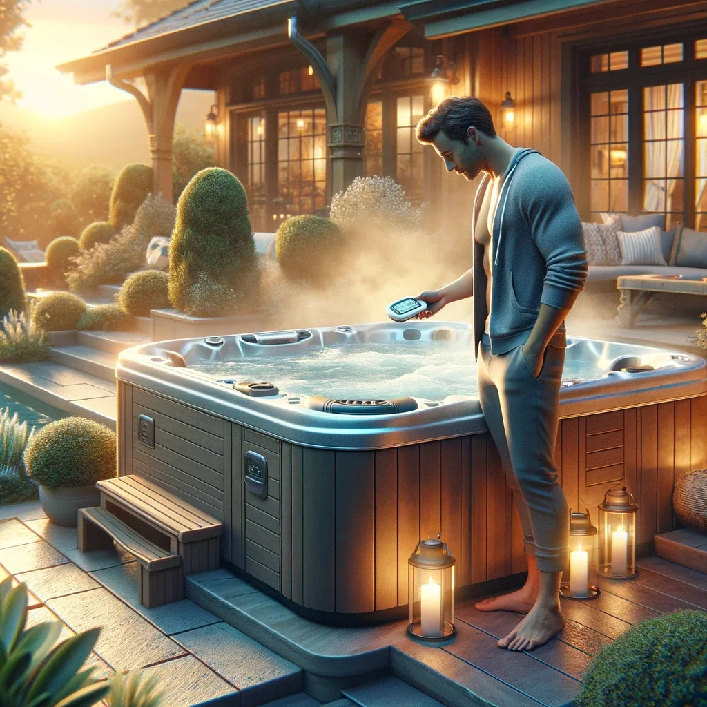 A realistic scene of a man outside a luxurious hot tub in an elegant backyard setting.