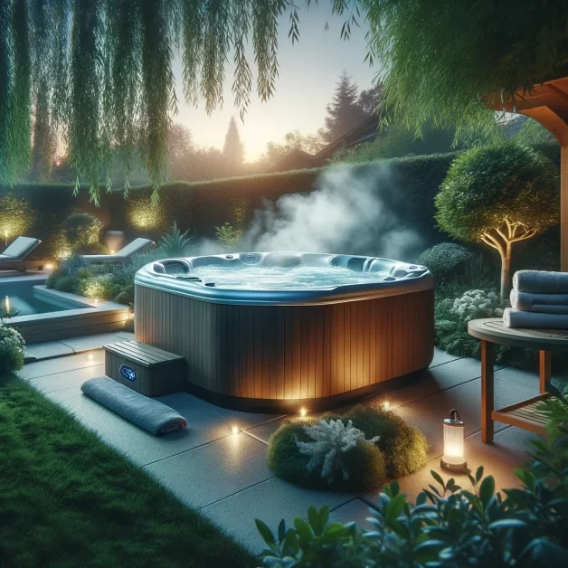 A serene backyard setting at dusk featuring a luxurious hot tub surrounded by lush greenery and soft lighting. (Is 110 Too Hot For A Hot Tub)