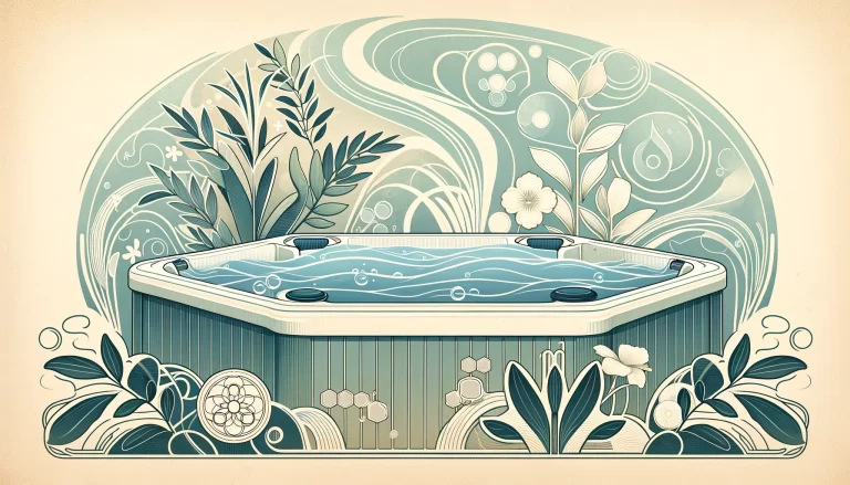 The image features a serene hot tub setting with elegant Art Nouveau-inspired designs, capturing the essence of balanced water chemistry in a visually appealing way.